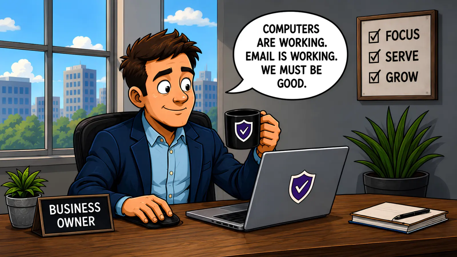 Cinematic panel 1 showing a business owner asking his IT provider about backup readiness