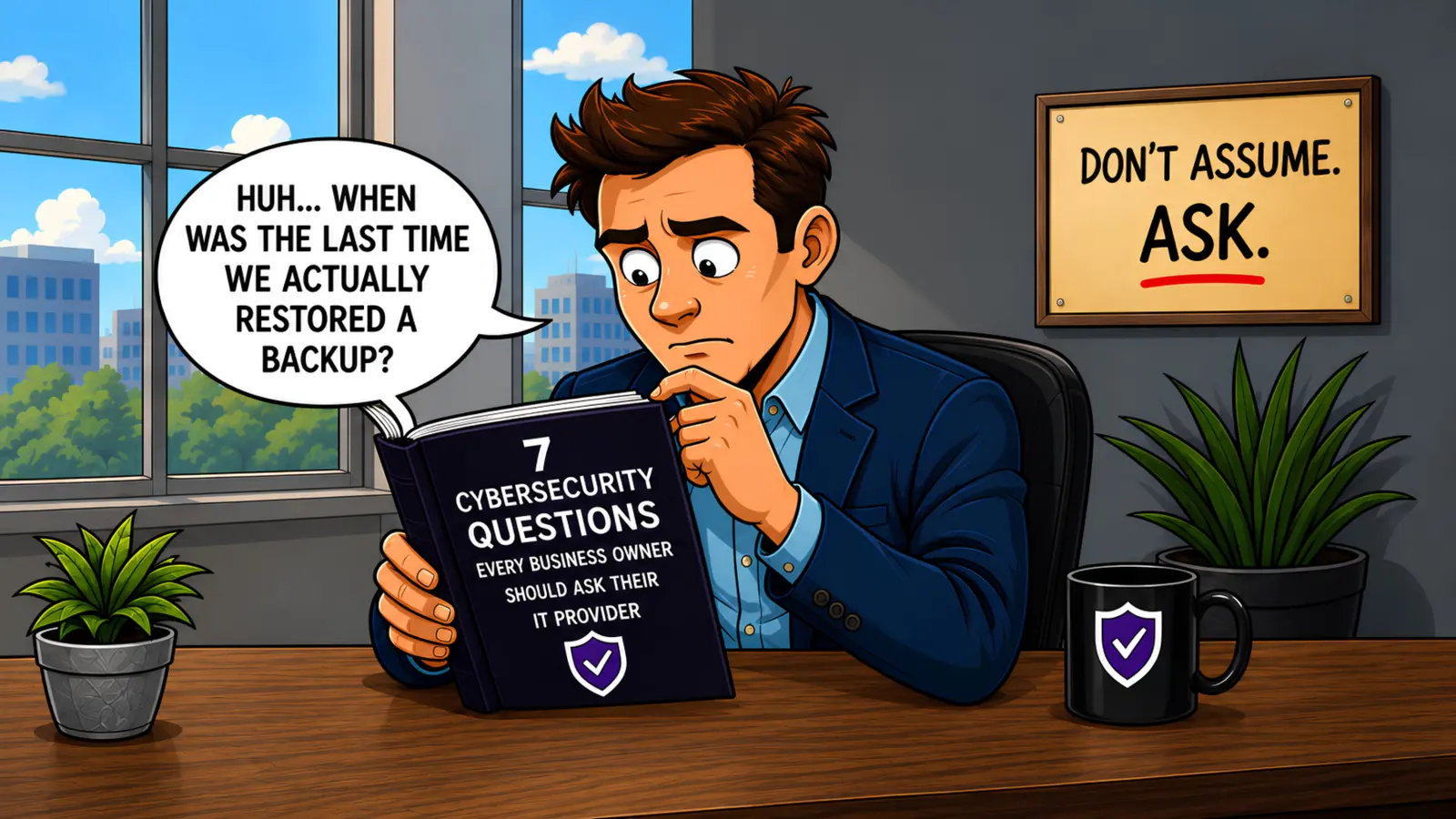 Cinematic panel 2 showing a business owner asking his IT provider about backup readiness