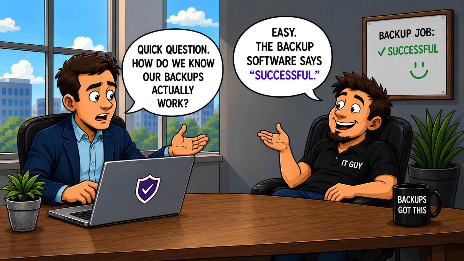 Cinematic panel 3 showing a business owner asking his IT provider about backup readiness