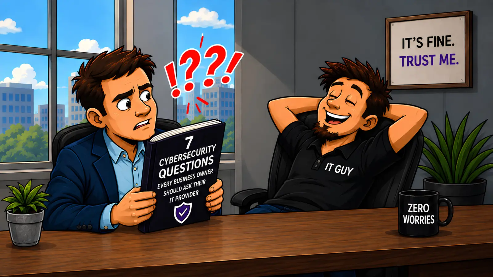 Cinematic panel 4 showing a business owner asking his IT provider about backup readiness