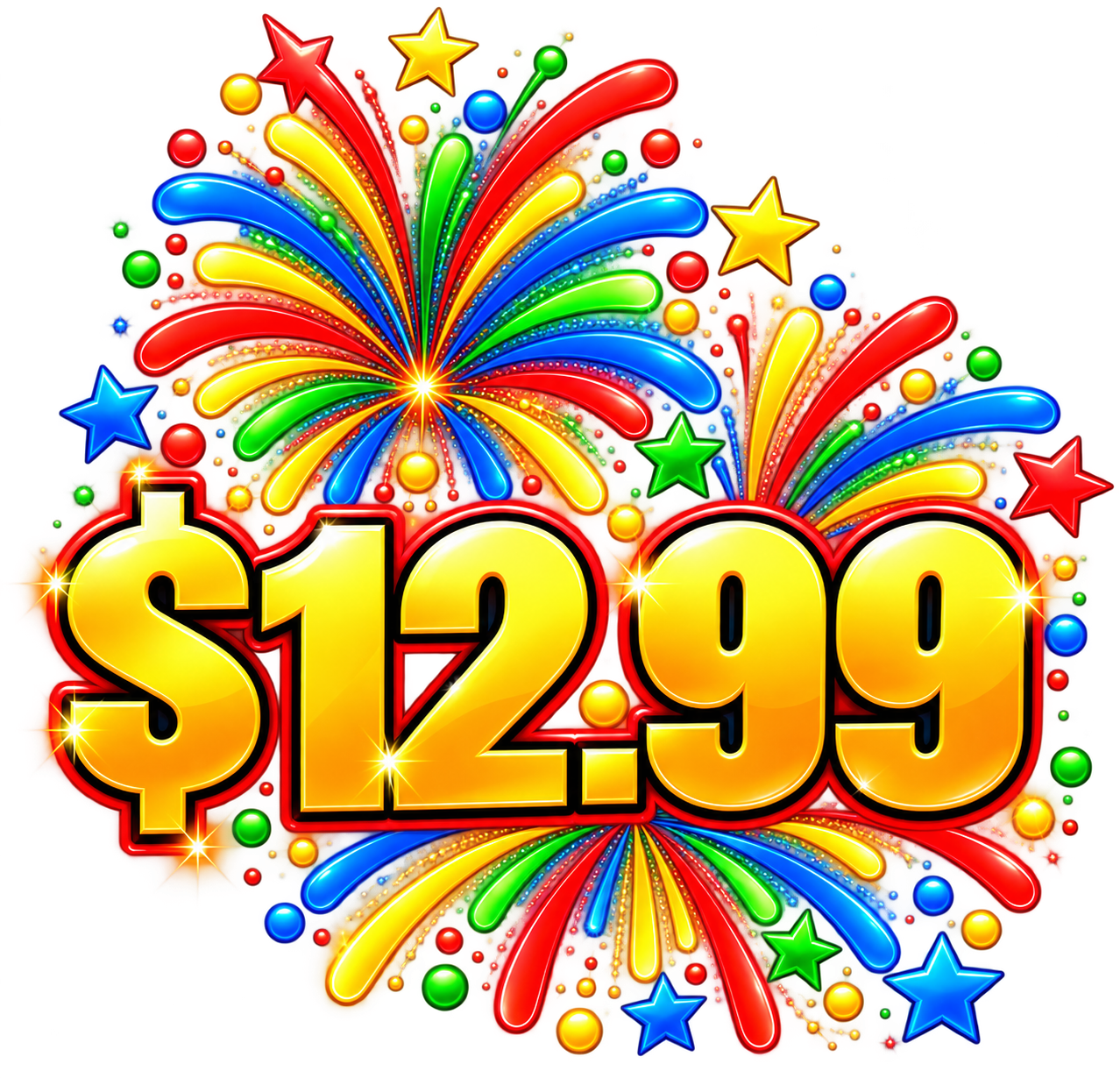$12.99 digital book price with colorful fireworks